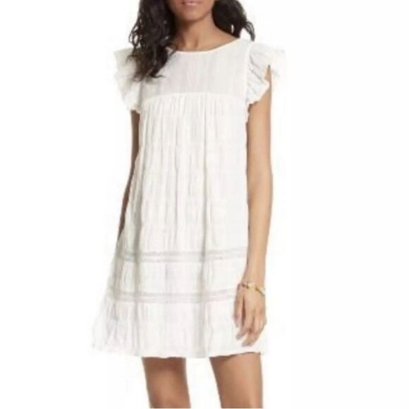 REBECCA MINKOFF Rose Flutter Sleeve Babydoll Lace Mini Dress White Sz Small - Picture 1 of 14